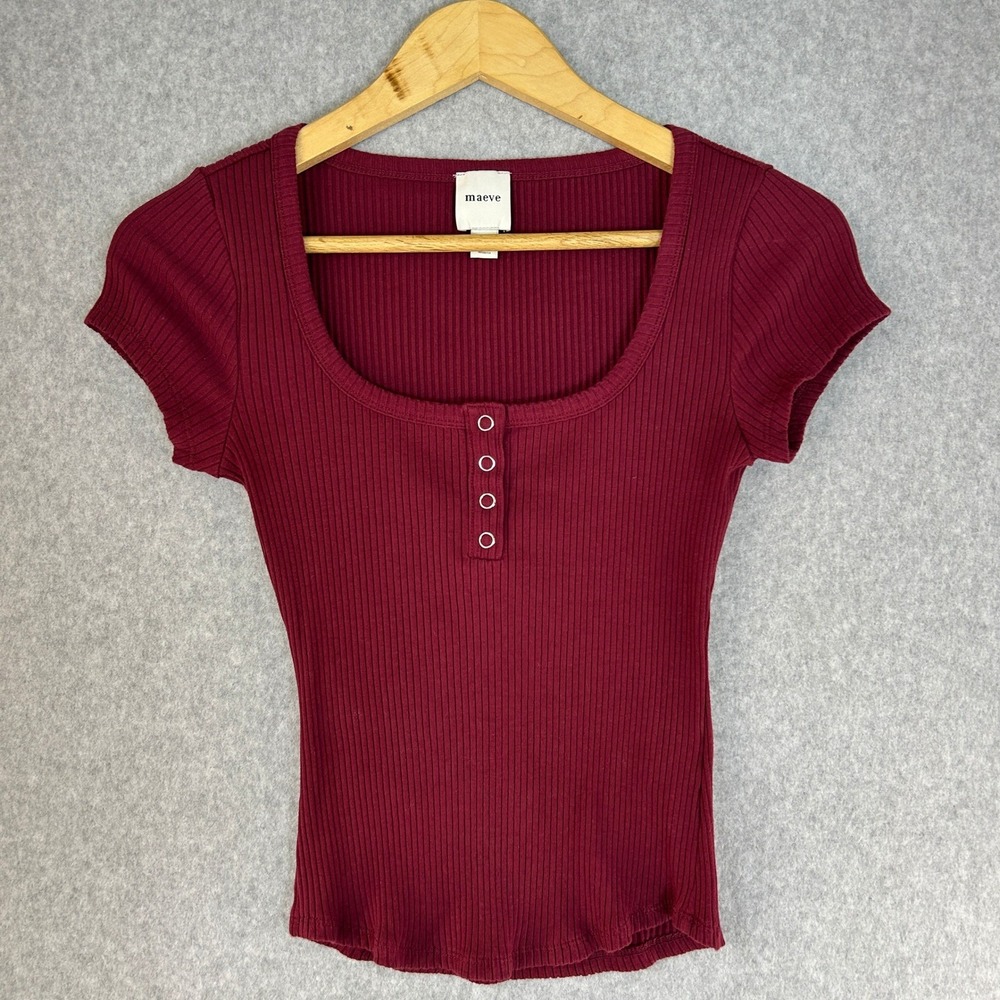 Maeve Anthropologie Womens XS Burgundy Scoop Neck Ribbed Henley Short Sleeve Top